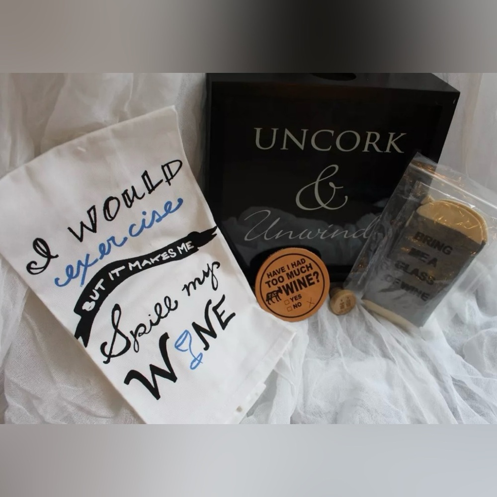 Wine Lover Bundle: New Tea Towel, Socks, Stopper, Glass Cover; Used Cork Frame